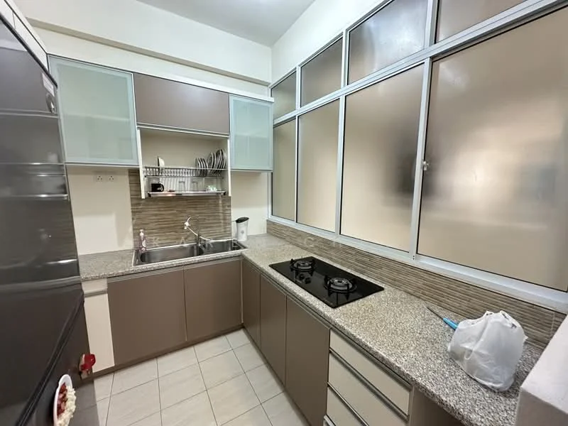 Kitchen features: granite countertop, double-bowl stainless-steel sink, chrome pull-down faucet, built-in gas hob, upper cabinets with glass panels, lower cabinets in beige, tile backsplash, ceramic tile flooring, wall-mounted dish rack, kitchen utensils visible, refrigerator, window with frosted glass; style: modern.