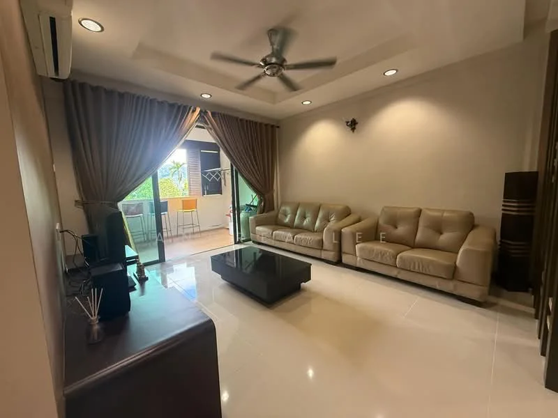 Living features: 3-seater leather sofa in beige, 2-seater leather sofa in beige, glass coffee table, TV console, wall-mounted TV, 5-blade ceiling fan with light, recessed downlights, cream painted walls, white tiled flooring, floor-to-ceiling windows with sheer curtains, balcony view, decorative wall sconce; style: modern; view: garden.