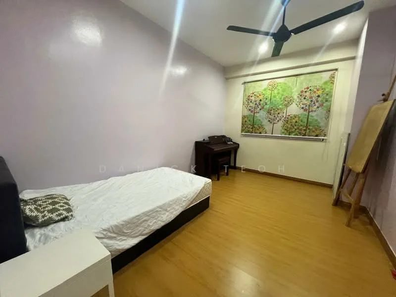 Bedroom features: light purple painted walls, laminate flooring, 5-blade ceiling fan, window with sheer curtains, wooden desk, single bed frame, decorative artwork on wall, decorative cushion; style: modern.