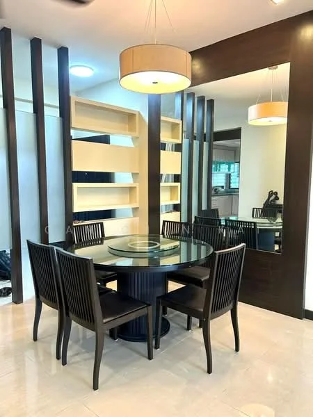 Dining features: round dining table, glass tabletop, black wooden dining chairs, decorative wall shelves, mirrored wall, pendant light fixture, cream ceiling light, neutral tile flooring, dark wood accent wall, open shelving unit; style: modern.