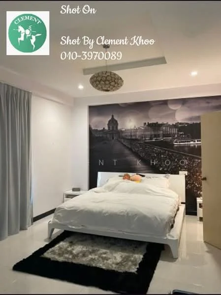 Bedroom features: king-size bed with white bedding, upholstered headboard, nightstand with lamp, framed artwork on wall, large area rug with geometric pattern, white painted walls, recessed downlights, ceiling light fixture, floor-to-ceiling curtains, sliding door, polished tile flooring; style: modern.