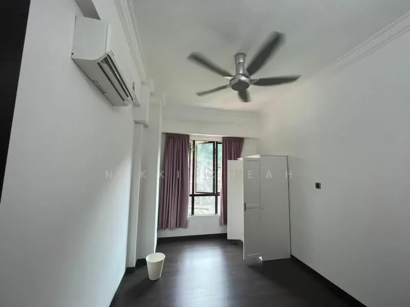 Room features: white painted walls, dark wood flooring, 5-blade ceiling fan, floor-to-ceiling window, purple curtains, white cabinet, air conditioning unit, waste bin; style: modern.