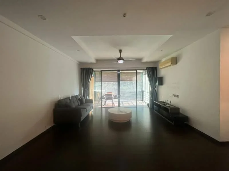Living features: grey fabric sofa, round coffee table, wall-mounted TV, TV console, floor-to-ceiling windows, sliding glass door, curtains, ceiling fan with light, dark wood flooring, recessed ceiling, air conditioning unit; style: modern; view: garden.