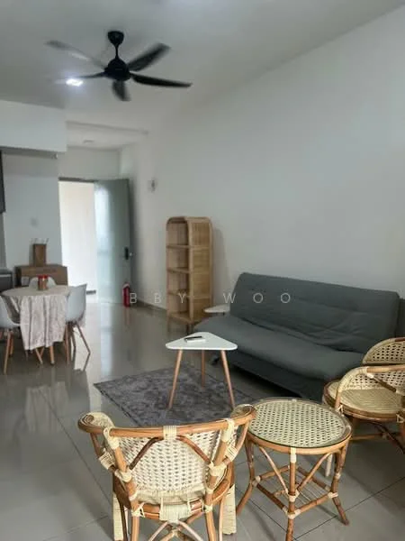 Living features: grey fabric sofa, round white coffee table, 3 rattan chairs, area rug with geometric pattern, ceiling fan, wall-mounted shelving unit, large window, glossy tile flooring, neutral painted walls; style: modern.
