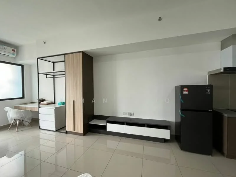 Room features: white painted walls, glossy tile flooring, 1 wall-mounted split AC, built-in wardrobe with open shelving, white dresser with multiple drawers, black refrigerator, kitchenette with stainless-steel sink, countertop with cabinetry below, large window providing natural light; style: modern.