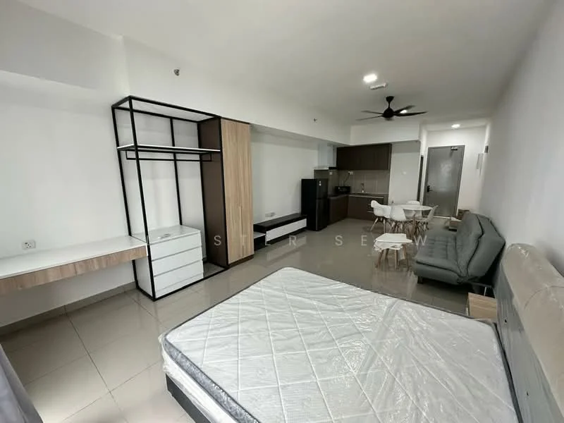 Living features: queen-size bed, upholstered headboard, 3-seater fabric sofa in grey, dining table with chairs, wall-mounted shelving unit, built-in wardrobe, kitchenette with cabinets, refrigerator, stainless-steel sink, ceiling fan, tile flooring, white painted walls, light-colored countertops; style: modern.