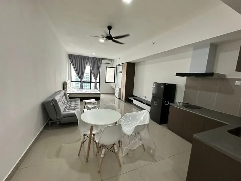 Living features: grey fabric sofa, white round dining table, four white dining chairs, black refrigerator, built-in kitchen cabinetry in brown, black countertop, stainless-steel sink, ceiling fan, large window with city view, light-colored tiled flooring, wall-mounted TV console, decorative wall with TV unit; style: modern; view: city.