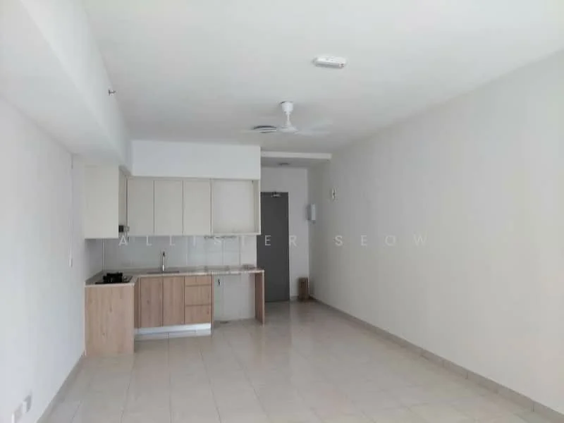 Kitchen features: white painted walls, cream tiled flooring, ceiling fan, kitchen cabinetry with wood finish, granite countertop, single-bowl stainless-steel sink, stove with gas burners, open layout, recessed lighting; style: modern. Room features: cream tiled flooring, white painted walls, ceiling fan, open layout.