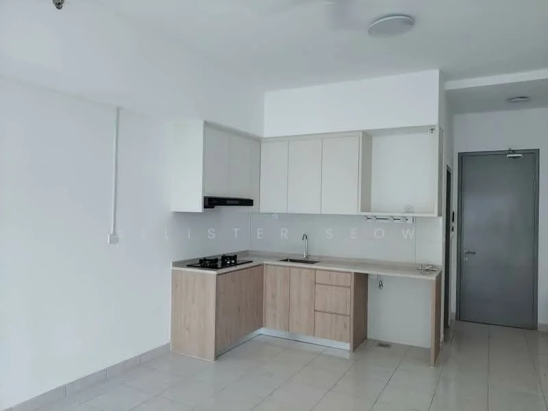 Kitchen features: white painted walls, light-colored cabinetry, laminate countertop, stainless-steel sink, 4-burner gas hob, built-in oven, ceramic tile flooring, recessed downlights, exhaust hood, open shelving, wall-mounted cabinets, neutral color scheme; style: modern.