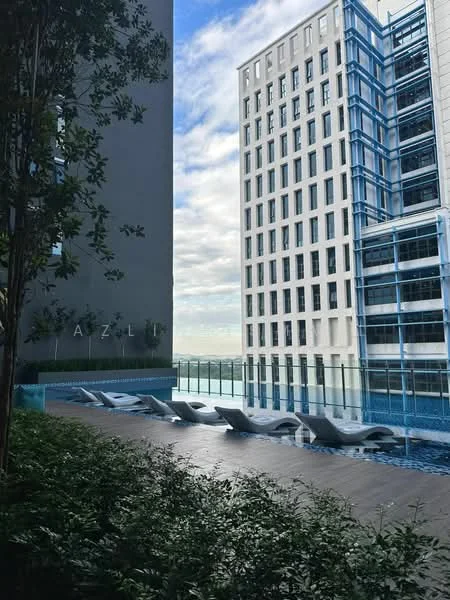 Exterior type: high-rise condominium; features: infinity pool, pool deck with loungers, glass railing, landscaped greenery, modern architectural design, surrounding high-rise buildings, skyline view, outdoor seating area; style: modern.