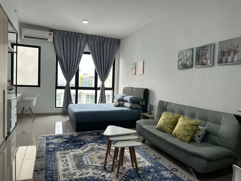 Bedroom features: queen-size bed, upholstered headboard, grey fabric sofa, coffee table, area rug with geometric pattern, floor-to-ceiling windows, curtains, wall-mounted air conditioning unit, built-in wardrobe, study desk, chair, decorative wall art; style: modern; view: city.