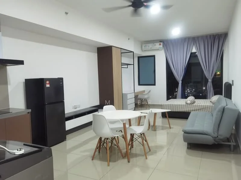 Living features: grey fabric sofa, white round dining table, 4 white dining chairs, black fridge, built-in cabinetry, window with sheer curtains, ceiling fan, wall-mounted air conditioning unit, tile flooring, bed with striped bedding; style: modern; view: city.