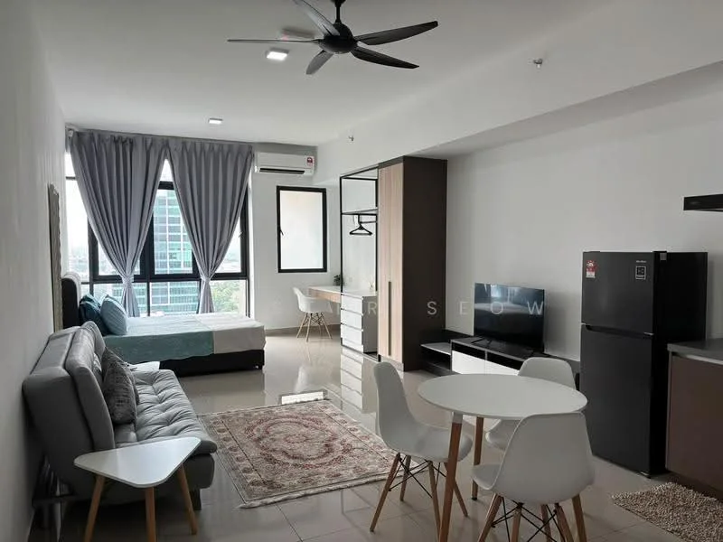 Living features: 3-seater grey fabric sofa, area rug with geometric pattern, white dining table with 4 chairs, wall-mounted TV, black TV console, ceiling fan with light, floor-to-ceiling windows, curtains in grey, light-colored tiled flooring, decorative wall art, open layout to bedroom area; style: modern; view: city. Bedroom features: queen-size bed with blue bedding, bedside table, window with city view, light-colored walls, light-colored tiled flooring; style: modern; view: city.