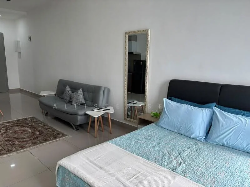 Room features: queen-size bed with blue bedding, upholstered headboard, 2 bedside tables with white tops, grey fabric sofa, area rug with geometric pattern, full-length mirror, wall-mounted TV, ceramic tile flooring, white painted walls, recessed downlights; style: modern.