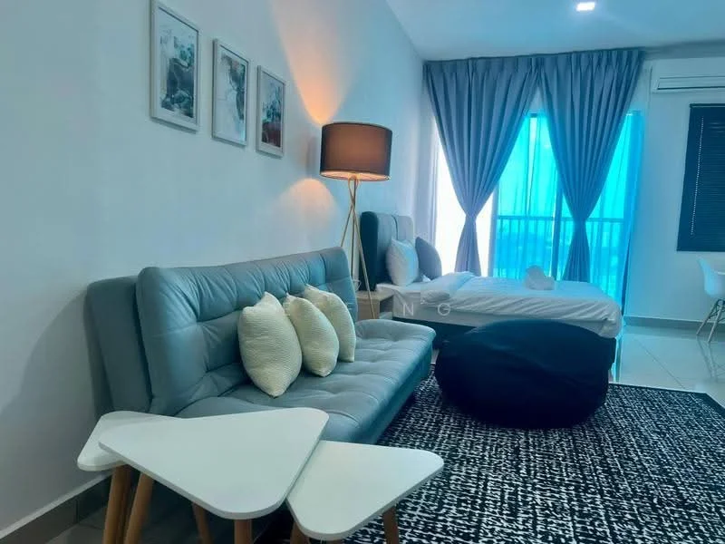 Living features: grey fabric sofa, white throw pillows, white side table, black bean bag, area rug with geometric pattern, floor-to-ceiling windows, sheer curtains, recessed downlights, wall-mounted air conditioning unit; style: modern. Bedroom features: white bedding, two single beds, bedside table, framed artwork on walls; style: modern.