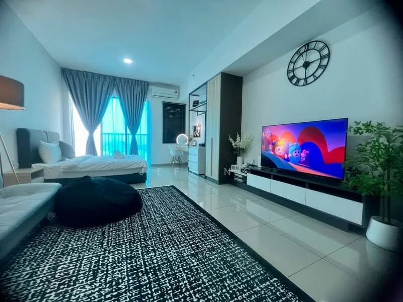 Living features: white painted walls, grey tiled flooring, 5-blade ceiling fan with light, floor-to-ceiling windows with sheer curtains, black and white area rug, 3-seater fabric sofa in white, bean bag chair, TV console with storage, wall-mounted TV, decorative plant in pot, clock on wall; style: modern; view: city.