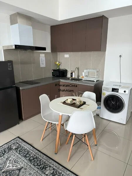 Kitchen features: dark brown cabinetry, stainless-steel sink, chrome pull-down faucet, black built-in oven, ceramic cooktop, black refrigerator, white washing machine, grey tile backsplash, white dining table, 4 white chairs, grey patterned area rug, light grey floor tiles; style: modern.