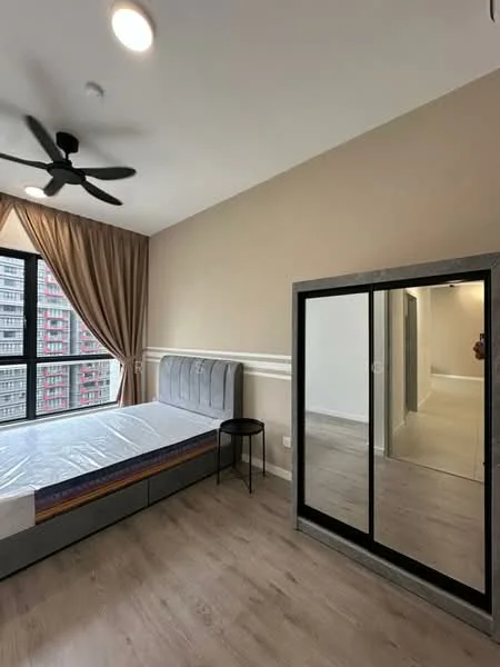 Bedroom features: queen-size bed frame without mattress, upholstered headboard in grey, wooden flooring, 5-blade ceiling fan with light, floor-to-ceiling window with sheer curtains, mirrored sliding wardrobe, decorative wall with wainscoting, nightstand in black; style: modern; view: city.