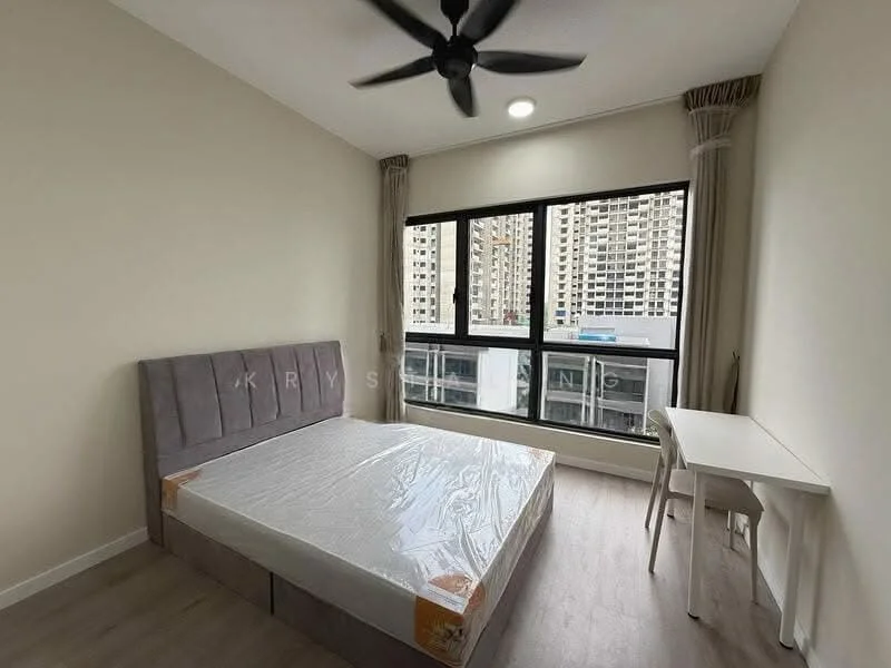 Bedroom features: queen-size bed, upholstered headboard, floor-to-ceiling windows, curtains, light-colored walls, wooden flooring, ceiling fan, study desk, chair; style: modern; view: city.