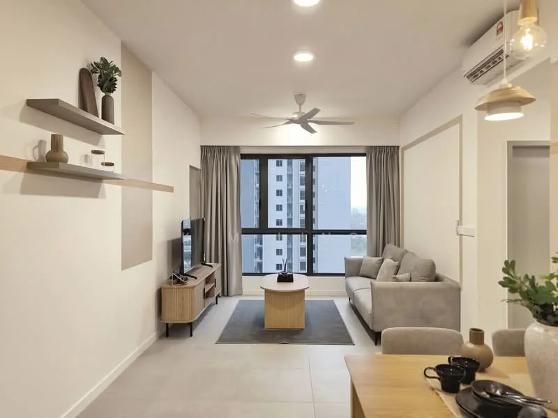 Living features: 3-seater fabric sofa in grey, coffee table, TV console, wall-mounted TV, area rug, 5-blade ceiling fan with light, recessed downlights, floor-to-ceiling windows, curtains, decorative plants, wall-mounted shelf, light wood cabinetry; style: modern; view: city. Dining features: dining table, dining chairs, table setting with plates and cutlery; style: modern; view: city.