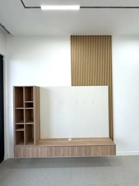 Room features: wooden cabinetry, built-in shelving unit, light wood finish, textured wall paneling, white wall, grey flooring, recessed ceiling lights, minimalist design; style: modern.