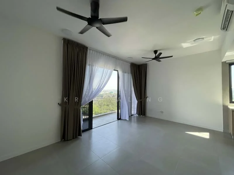 Living features: white painted walls, grey tiled flooring, 2 ceiling fans, floor-to-ceiling sliding glass door, sheer curtains, blackout curtains, recessed downlights, balcony view; style: modern; view: garden.