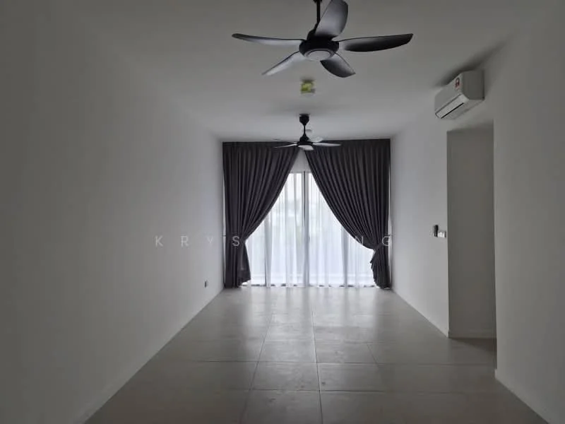 Living features: white painted walls, grey floor tiles, 2 ceiling fans, floor-to-ceiling windows, sheer curtains, blackout curtains, wall-mounted air conditioning unit, recessed lighting; style: modern.
