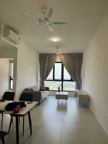 Living features: light grey fabric sofa, coffee table, floor-to-ceiling windows, sheer curtains, 2 ceiling fans, white painted walls, light tile flooring, TV console; style: modern; view: garden.