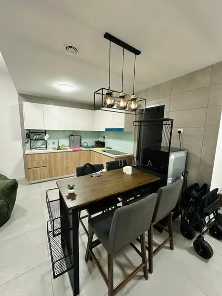 Dining features: wood dining table, 4 upholstered dining chairs, pendant light fixture with 4 bulbs, grey tiled flooring, wall-mounted cabinet, kitchen area visible in background, green sofa in corner, refrigerator, kitchen countertop with sink, open shelving, decorative plant on table; style: modern. Kitchen features: white cabinetry, wooden cabinetry, blue backsplash, stainless-steel sink, built-in stove, microwave, countertop appliances, kitchen island, open shelving; style: modern.