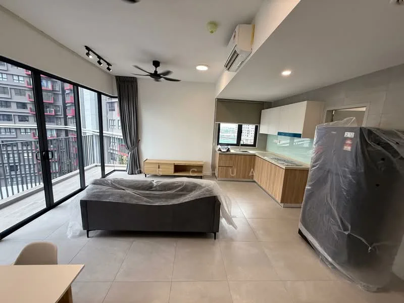 Living features: grey fabric sofa, wooden coffee table, floor-to-ceiling windows, sliding glass door, grey tiled flooring, ceiling fan, recessed downlights, built-in kitchen cabinetry, stainless-steel fridge, kitchen countertop, window treatments, balcony access; style: modern; view: city.