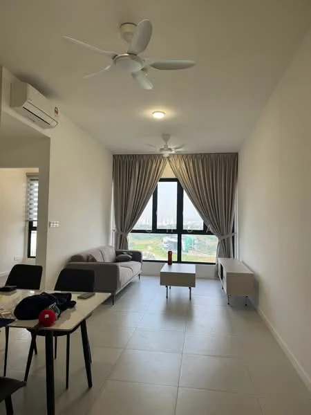 Living features: 2-seater fabric sofa in light grey, coffee table, floor-to-ceiling windows, sheer curtains, 2-blade ceiling fan, recessed downlights, white painted walls, light tile flooring, air conditioning unit on wall; style: modern; view: city.