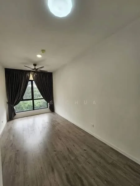 Room features: white painted walls, laminate flooring, 5-blade ceiling fan, floor-to-ceiling windows, blackout curtains, natural light from window, greenery view outside; style: modern; view: garden.