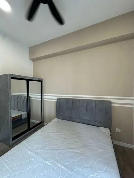 Bedroom features: grey upholstered headboard, queen-size bed with no bedding, light brown accent wall, white painted walls with horizontal stripes, wooden flooring, ceiling fan, mirror-fronted wardrobe, built-in wardrobe with sliding doors; style: modern.