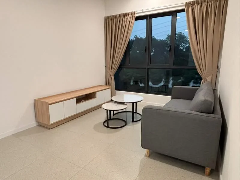 Living features: grey fabric sofa, wooden coffee table with marble top, TV console with white cabinetry and wooden accents, floor-to-ceiling windows, sheer curtains, light-colored tiled flooring, plain white walls, natural light from windows; style: modern; view: garden.