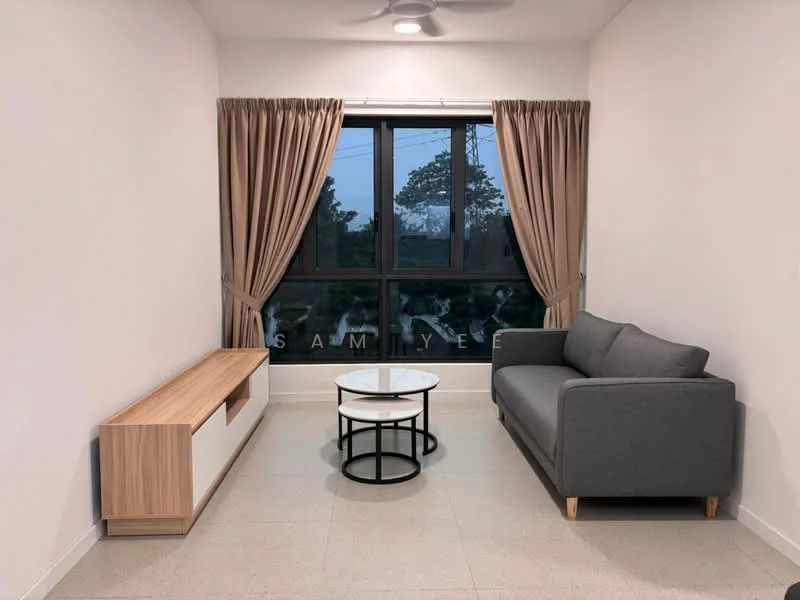 Living features: grey fabric sofa, wooden TV console with white cabinet, round coffee table with black metal base, floor-to-ceiling windows, sheer curtains, light-colored tiled flooring, ceiling fan with light, decorative wall; style: modern; view: garden.