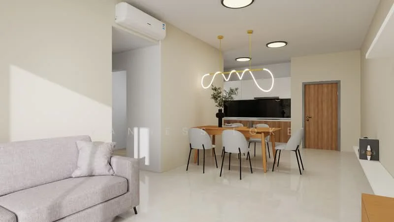 Living features: light grey fabric sofa, 4-seater dining table, white dining chairs, pendant light fixture, recessed ceiling lights, wall-mounted air conditioning unit, cream painted walls, glossy white tile flooring, wooden door, decorative plant in vase; style: modern.