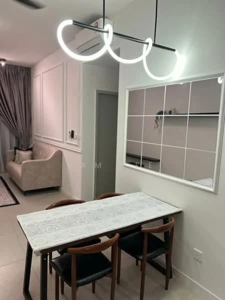 Dining features: rectangular dining table with white marble top, 4 wooden dining chairs with black upholstery, 3-ring pendant light fixture, wall-mounted mirror with white frame, light grey painted walls, cream curtains, air conditioning unit on the wall, tile flooring; style: modern. Living features: beige fabric sofa, area rug, light grey painted walls, wall-mounted shelves, decorative wall paneling; style: modern.