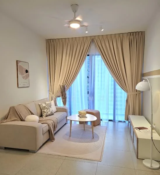 Living features: 3-seater fabric sofa in beige, decorative throw pillows, area rug with circular pattern, coffee table with round top, floor lamp with white shade, curtains in light beige, ceiling fan with light, wall-mounted TV console, framed artwork on wall, large sliding glass door, neutral painted walls, tile flooring; style: modern.