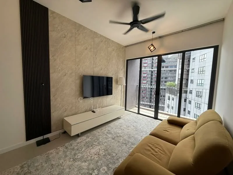 Living features: 3-seater fabric sofa in mustard yellow, flat-screen TV mounted on wall, white TV console, light grey area rug, ceiling fan with light, large floor-to-ceiling windows, balcony access, decorative wall with textured finish, lamp beside sofa, recessed lighting; style: modern; view: city.