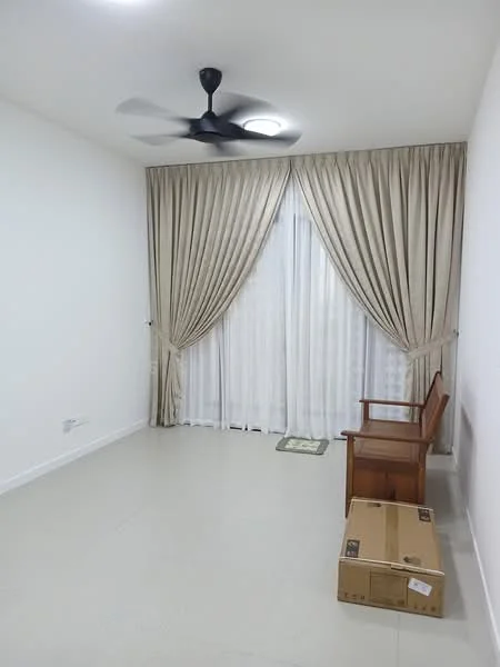 Living features: white painted walls, light-colored tile flooring, 5-blade ceiling fan with light, floor-to-ceiling windows, sheer curtains, heavy drapes, wooden chair, cardboard box; style: modern.