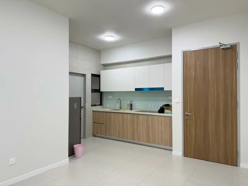 Kitchen features: white shaker cabinets, wood cabinetry, single-bowl stainless-steel sink, chrome pull-down faucet, quartz countertop, back-painted glass backsplash, built-in refrigerator, recessed LED downlights, tile flooring, open layout; style: modern.