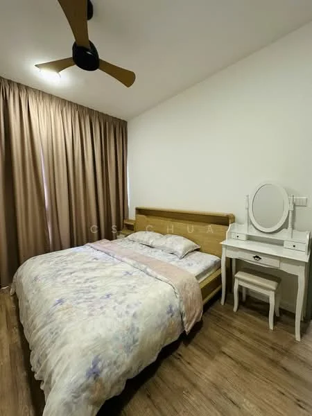 Bedroom features: queen-size bed with floral bedding, wooden bed frame, white bedside table, vanity table with mirror, curtains in light brown, wooden flooring, ceiling fan with 3 blades, white painted walls, decorative mirror on vanity; style: modern.