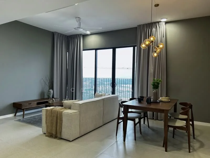 Living features: 3-seater fabric sofa in beige, wooden coffee table, TV console, floor-to-ceiling windows, grey accent wall, light grey tile flooring, 5-blade ceiling fan with light, curtains in light grey, decorative plant in ceramic pot, area rug with geometric pattern, dining table with 4 wooden chairs, table setting with teapot and cups; style: modern; view: city.