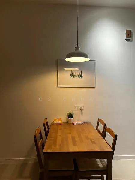 Dining features: wooden dining table, 4 wooden dining chairs, pendant light fixture, framed artwork on wall, small potted plant, snack items on table, white painted walls, neutral flooring; style: modern.