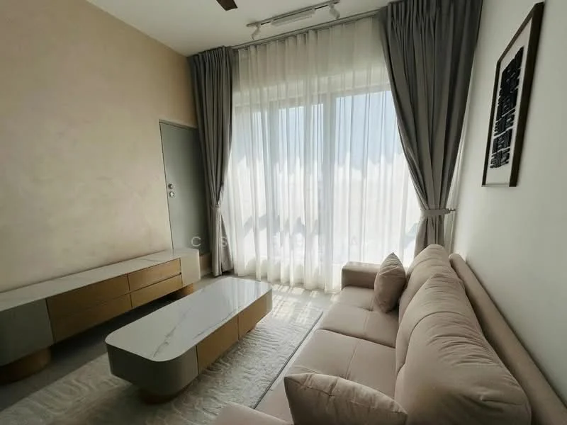 Living features: beige fabric sofa, coffee table with marble top, light-colored area rug, floor-to-ceiling windows, sheer curtains, wall-mounted artwork, light wood TV console, textured wall finish, ceiling fan with light; style: modern; view: city.