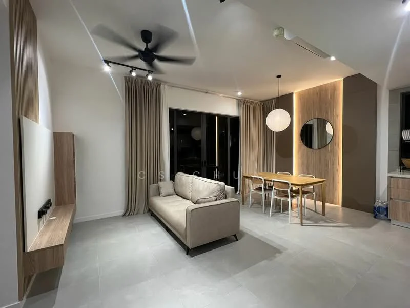 Living features: 3-seater fabric sofa in beige, wall-mounted TV, wooden TV console, ceiling fan with light, recessed LED downlights, floor-to-ceiling windows, sheer curtains, round decorative mirror, dining table with 4 chairs, wooden dining table, accent wall with warm lighting, light grey tile flooring; style: modern.