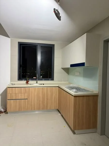 Kitchen features: white painted walls, light-colored cabinetry with wood finish, laminate countertop, single-bowl stainless-steel sink, chrome pull-down faucet, built-in stove, tile flooring, large window with city view, recessed downlights, open shelving, kitchen island, modern design; style: modern; view: city.