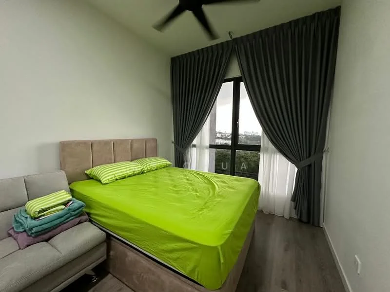 Bedroom features: king-size bed with upholstered headboard, green bed linens, grey curtains, floor-to-ceiling window, light wood flooring, ceiling fan, sofa with throw pillows, decorative towels; style: modern; view: city.