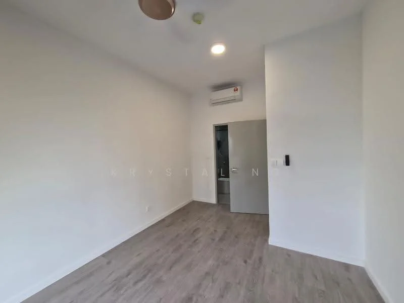 Room features: white painted walls, laminate flooring, 1 wall-mounted split AC, recessed downlights, ceiling light fixture, door to adjacent room, intercom panel; style: modern.