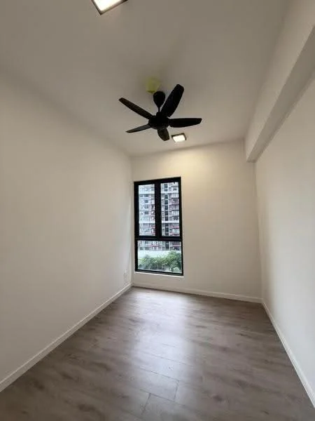 Room features: white painted walls, laminate flooring, 5-blade ceiling fan, floor-to-ceiling window, black window frame, city view; style: modern; view: city.